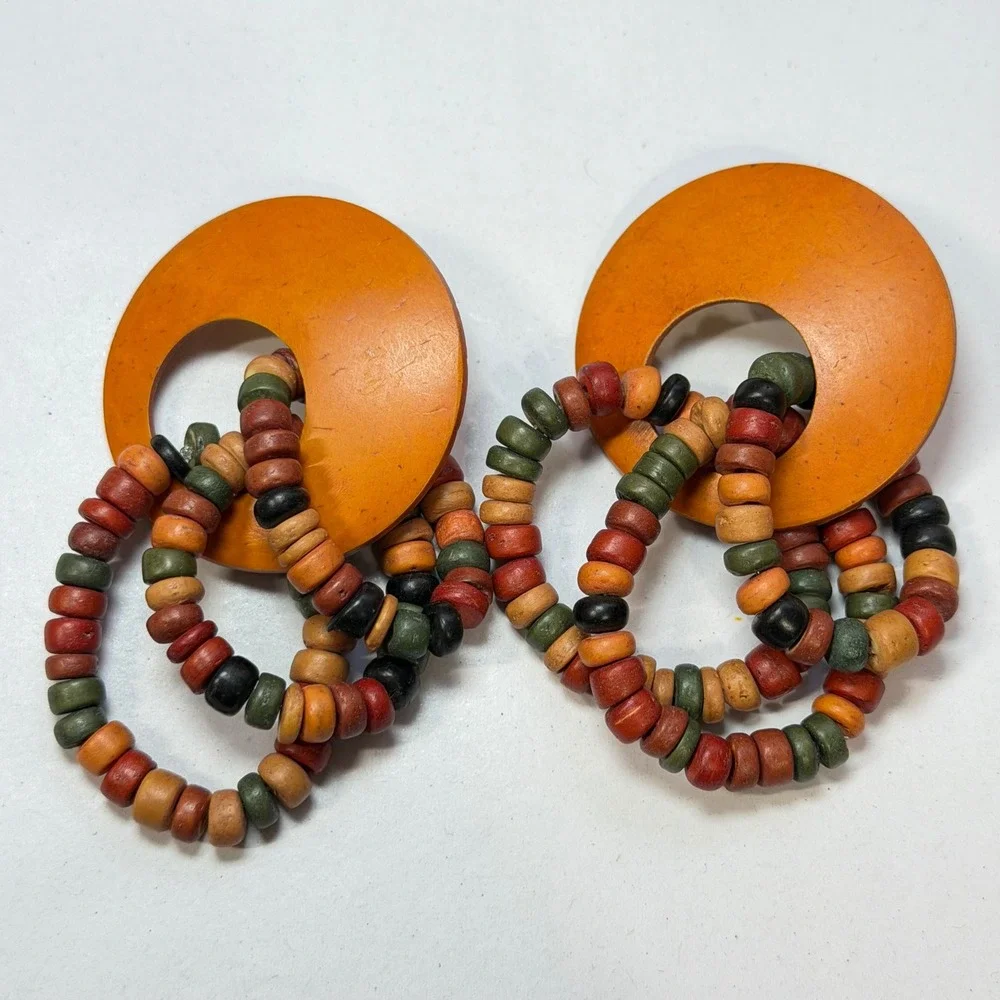 Vintage Philippines Orange Wood Beaded Boho Statement Pierced Earrings